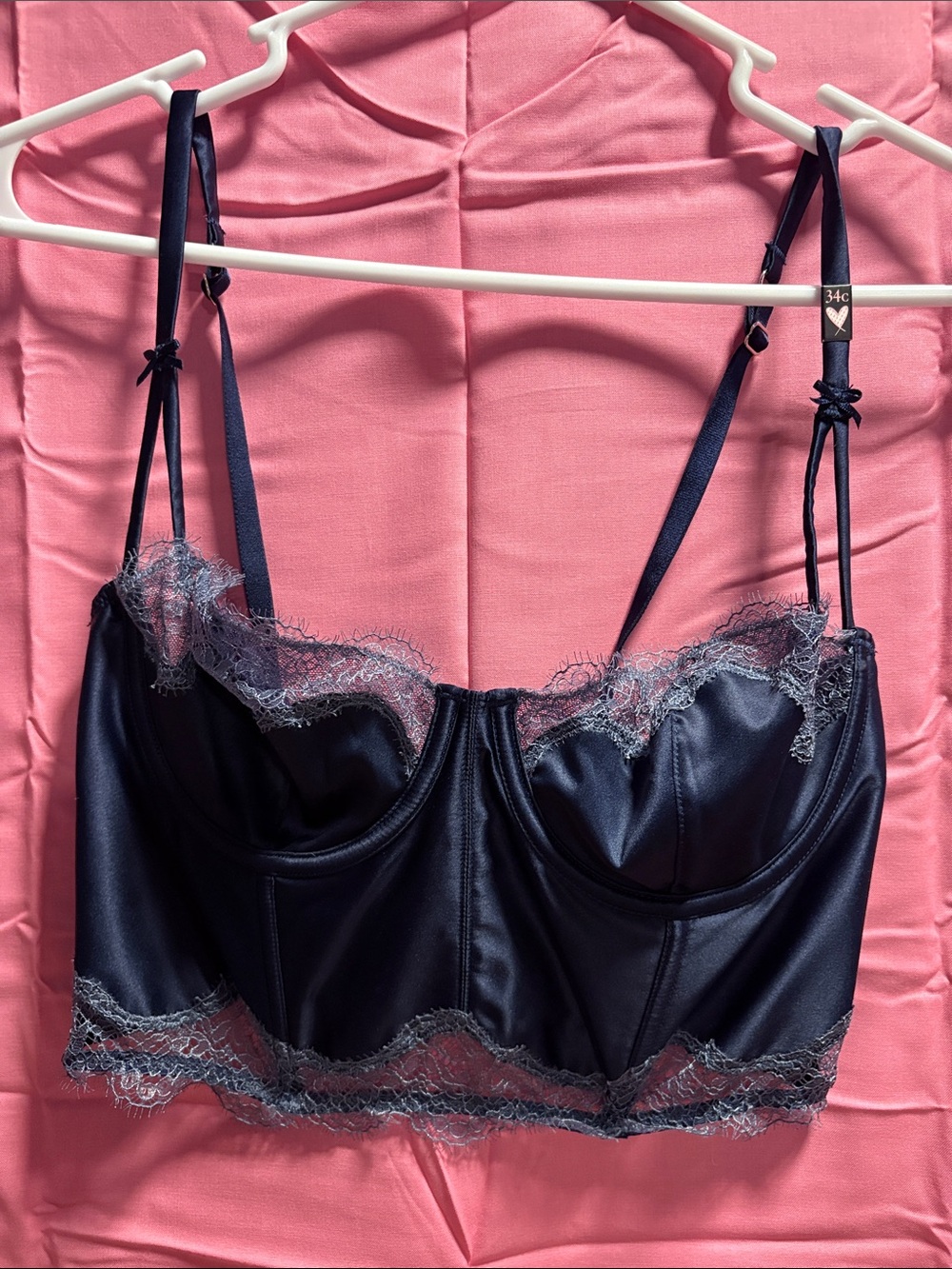 Victoria's Secret Navy Blue Satin Longline Lace Trim Bra